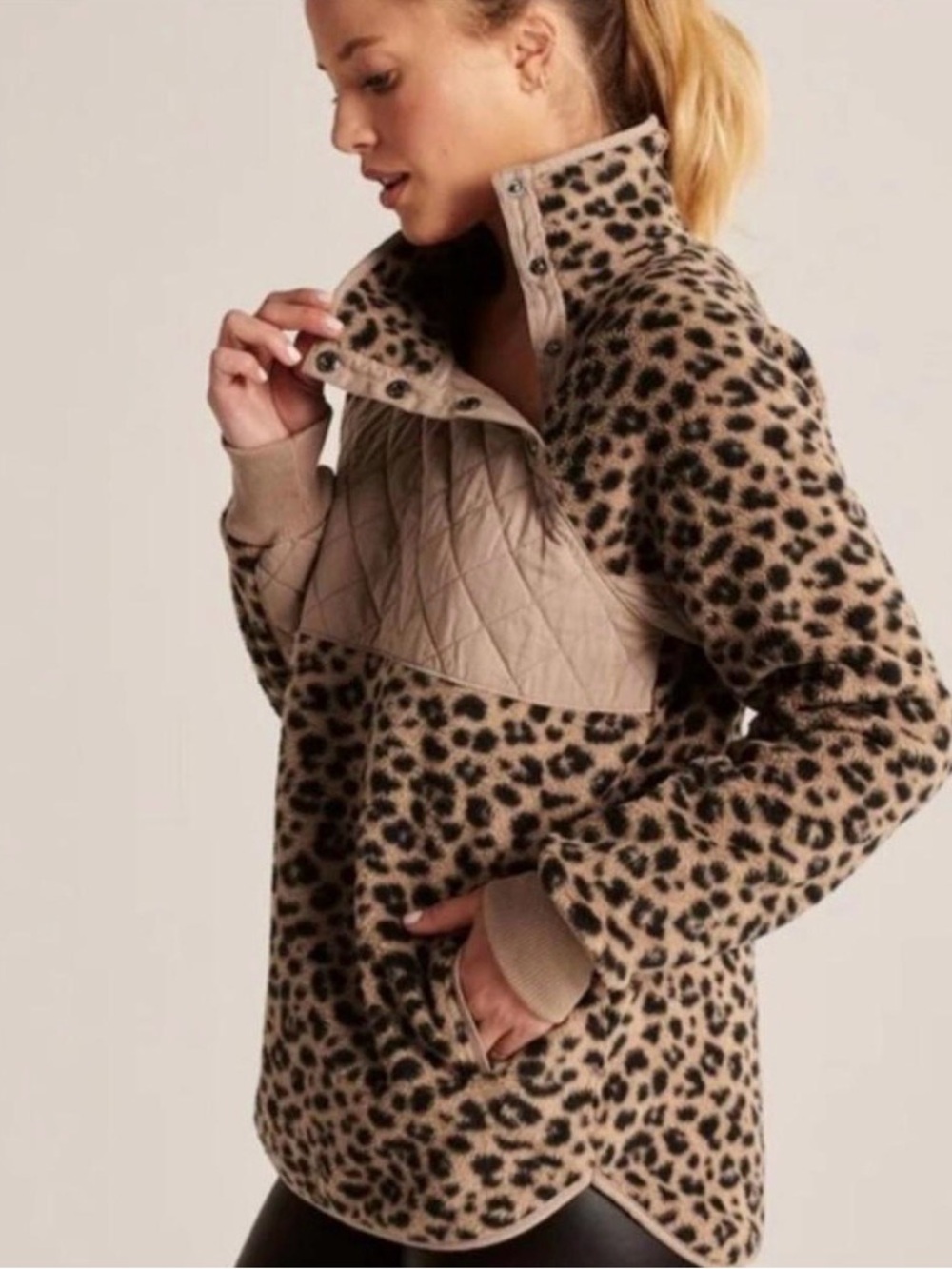 Abercrombie & Fitch Taupe Leopard Teddy Pullover Jacket
